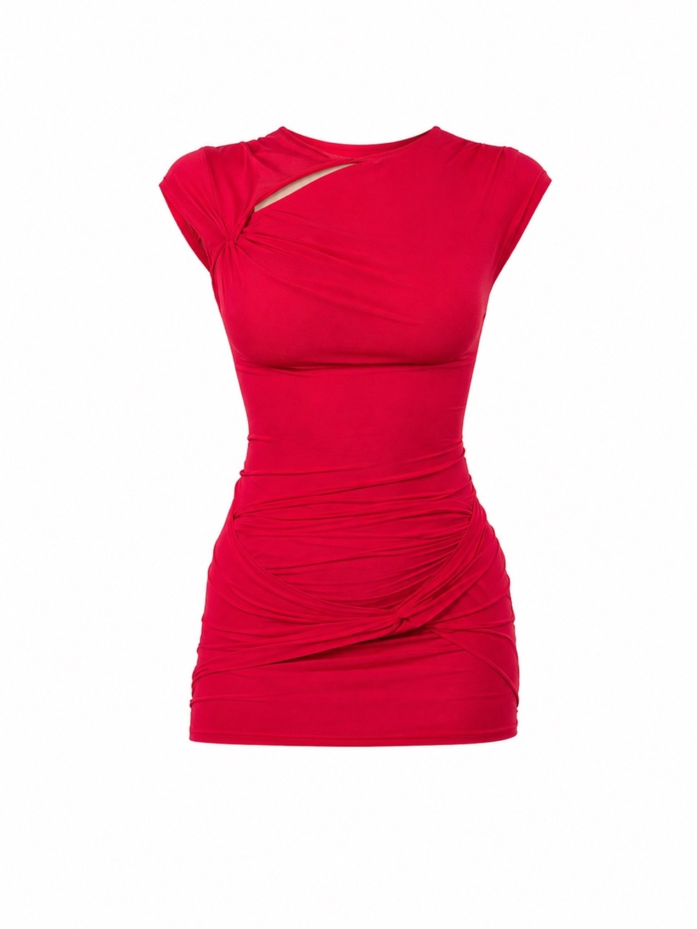 Red Ruched Cap-Sleeve Bodycon Dress